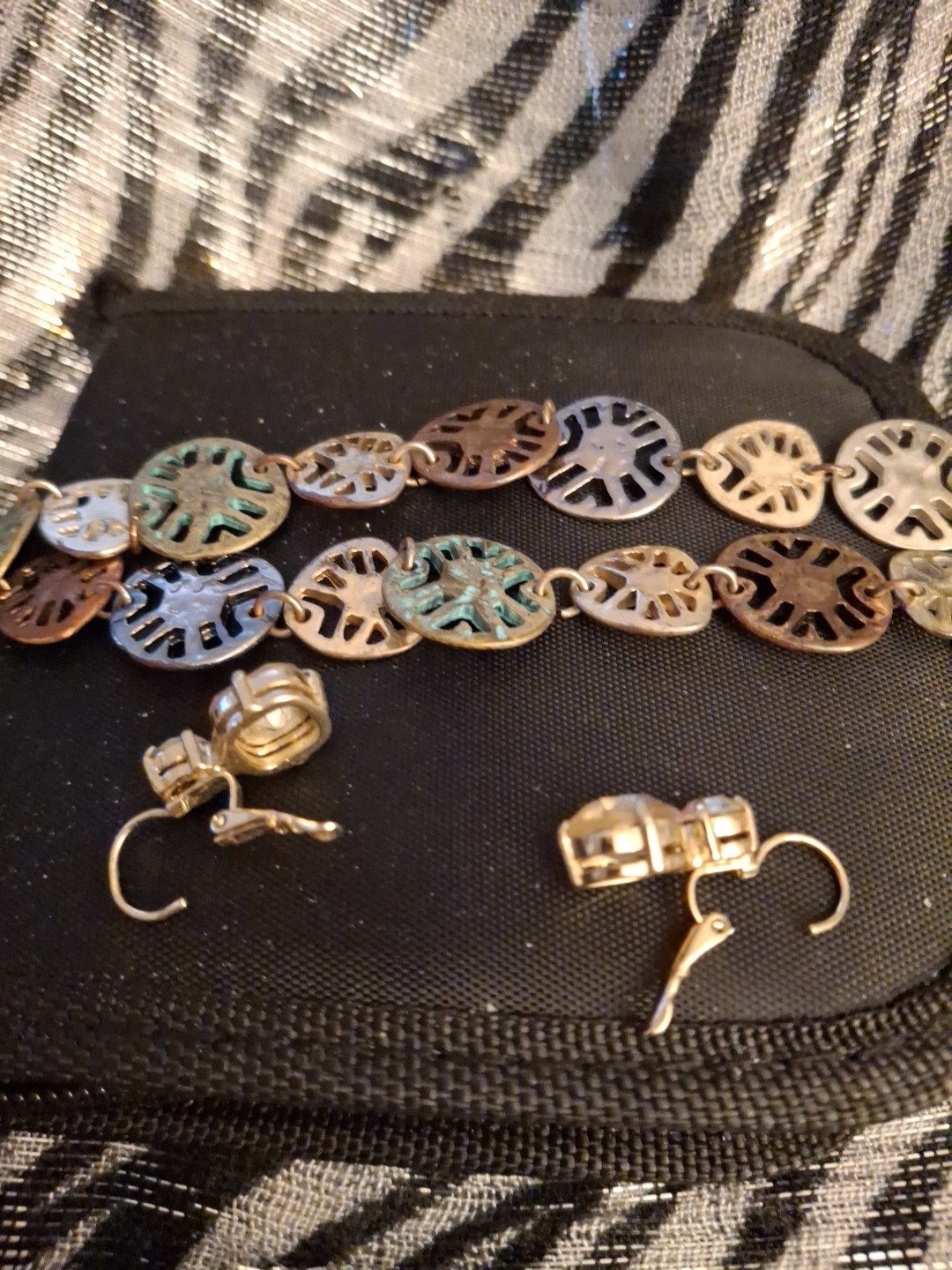 Vintage Multicolor Metal Charm Bracelet, And Earrings