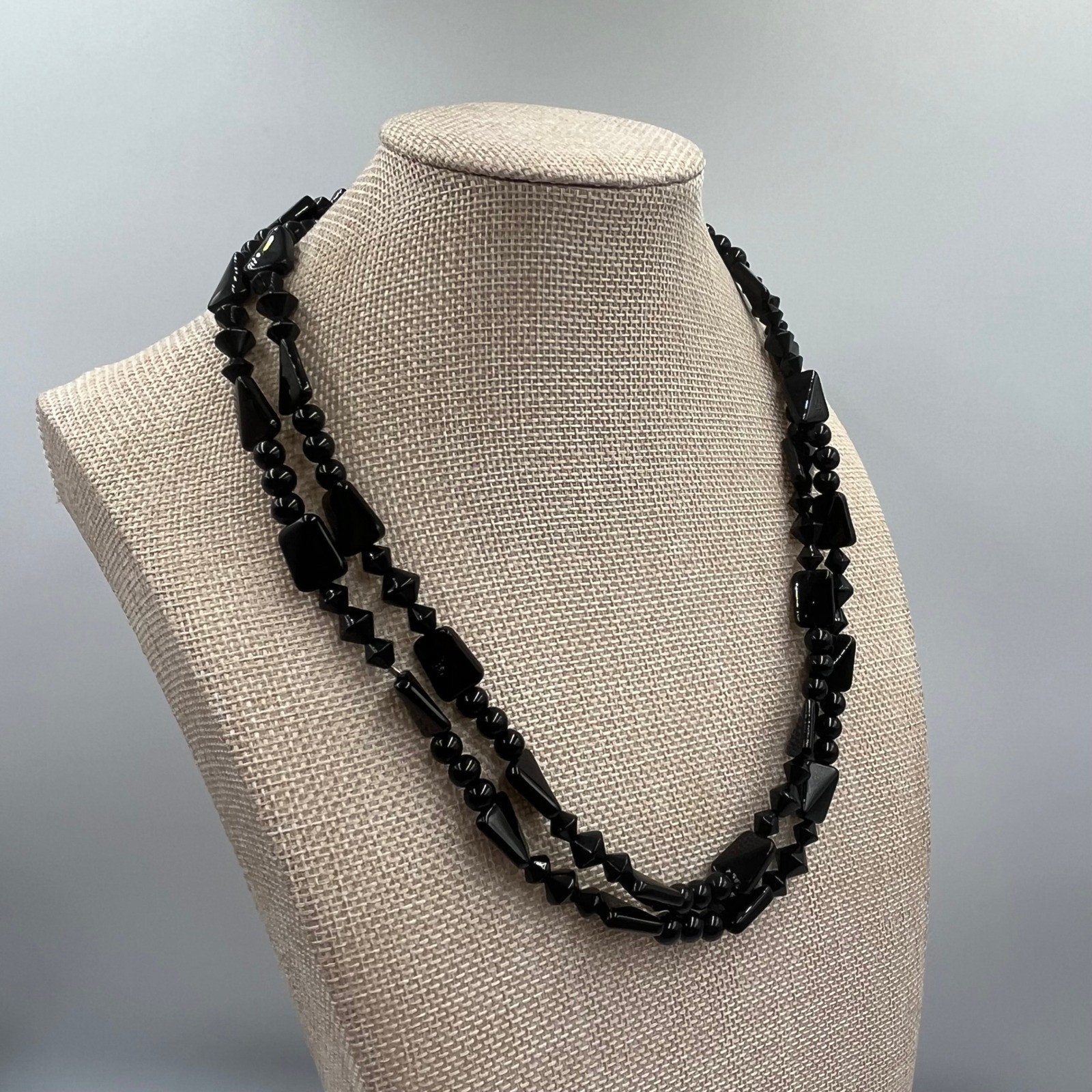 Vintage Double Strand Jet Black Beaded Statement Necklace Mixed Shapes Art Deco