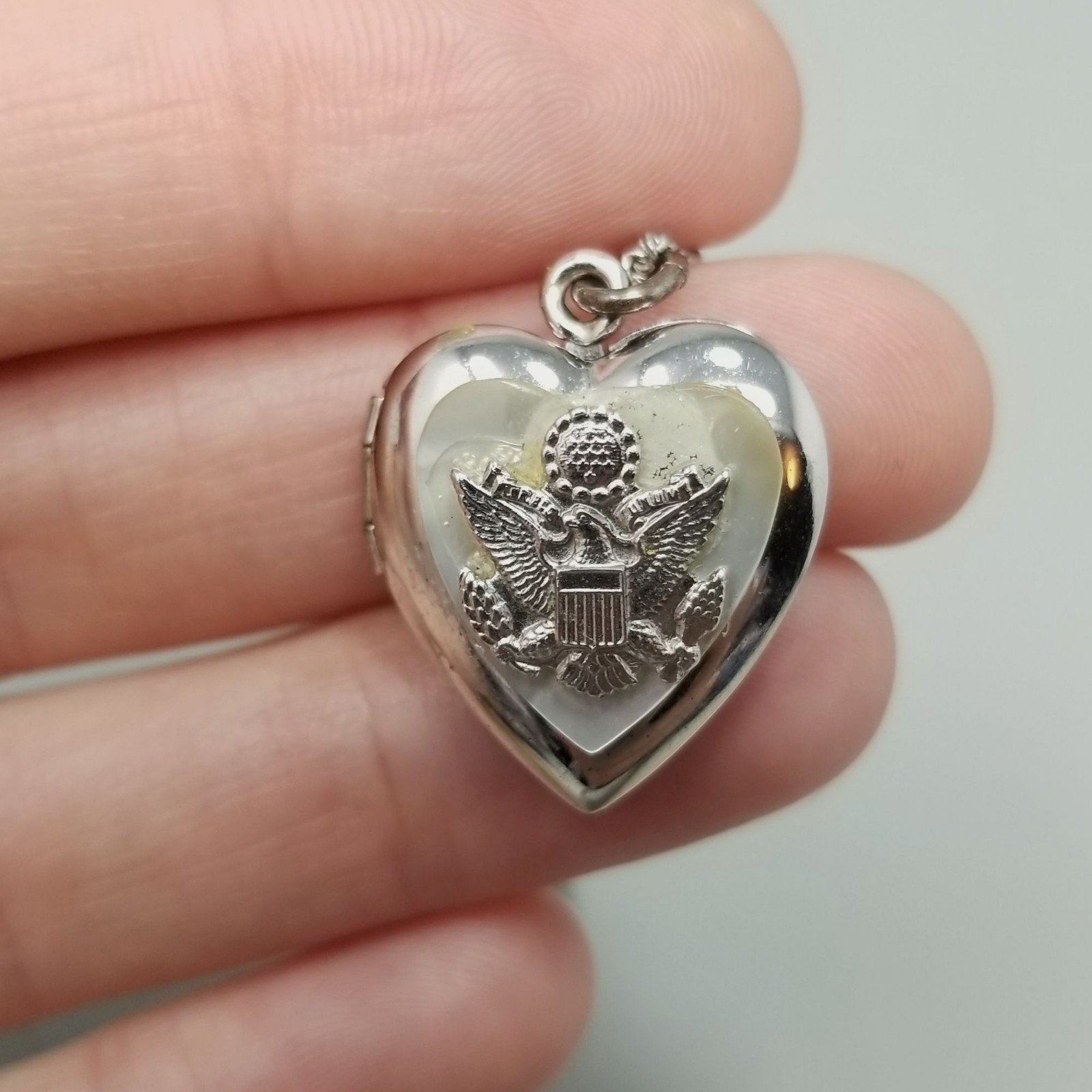 Vintage Sterling Silver Army Eagle Sweetheart Locket Pendant Necklace WWII