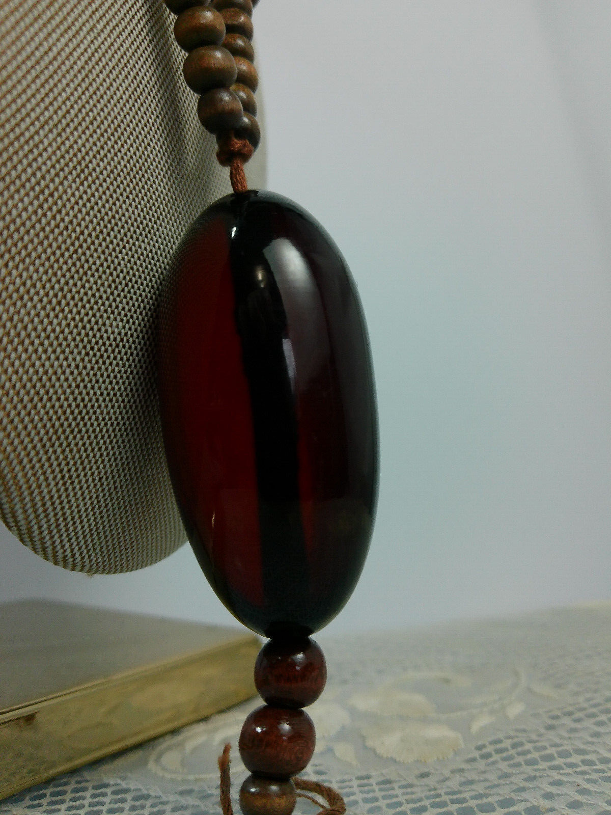 Vtg Ethnic African Wood Bead MASSIVE ACRYLIC BEAD Pendant Tribal Boho Necklace