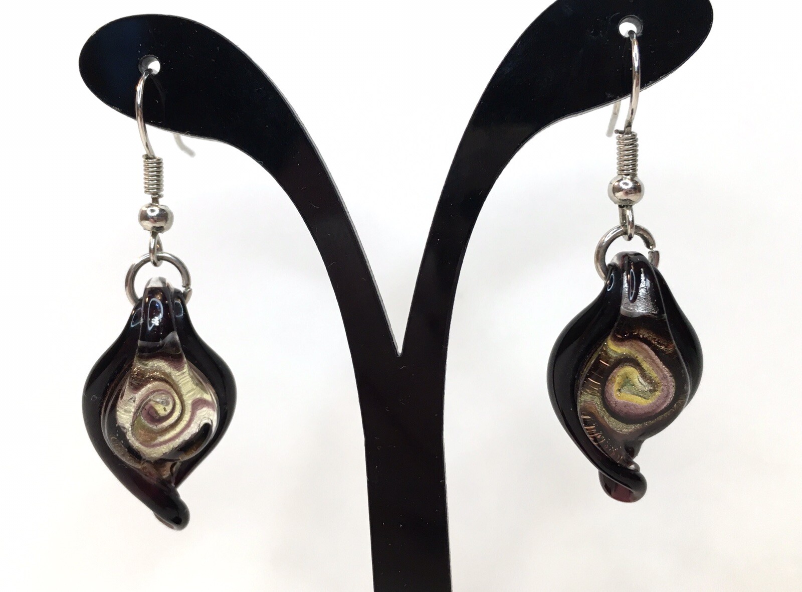 Art Glass Dangle Drop Earrings Black Purple & Yellow
