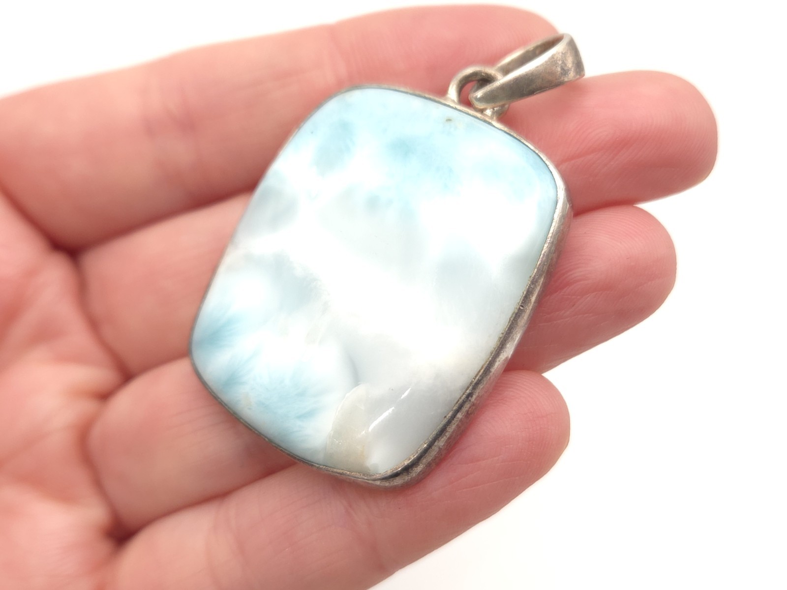 Vintage Sterling Silver Light Blue Larimar Stone Rectangle Square Large Pendant