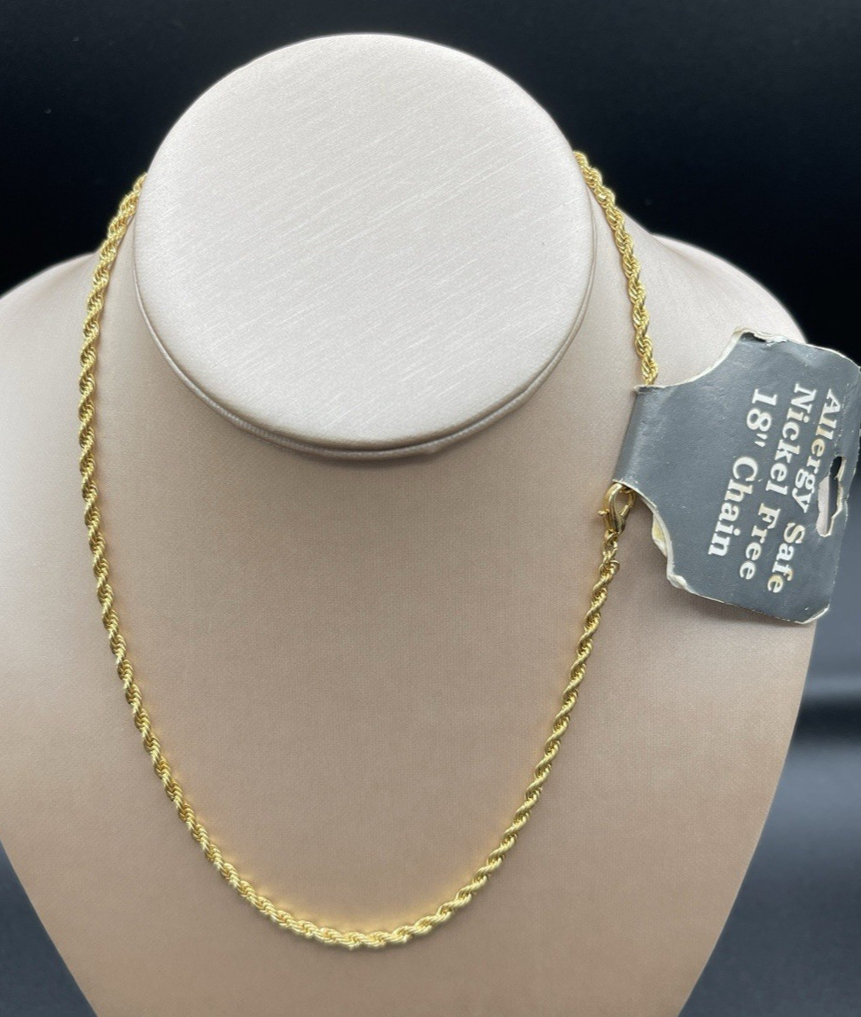 Vintage Gold Plated Rope Chain Necklace 18″ NOS Nickel Free Allergy Safe