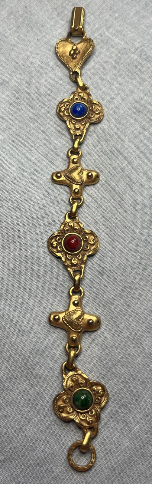 Robert Rose Bracelet VTG Thick Gold Tone Hearts Stones Artisan Links 7” 1990s