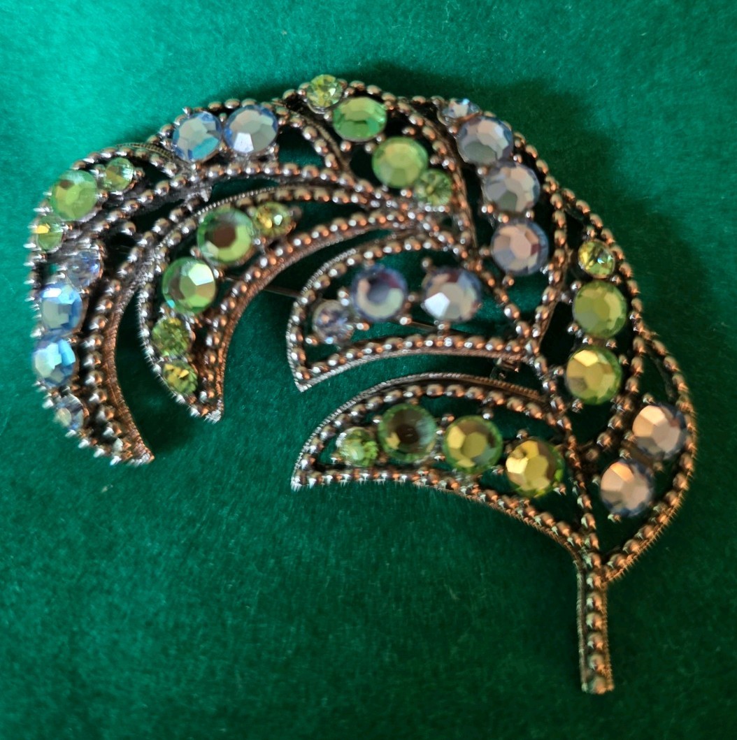 Vintage WEISS RHINESTONE BROOCH pale blue & light green Rhinestone Feather Pin