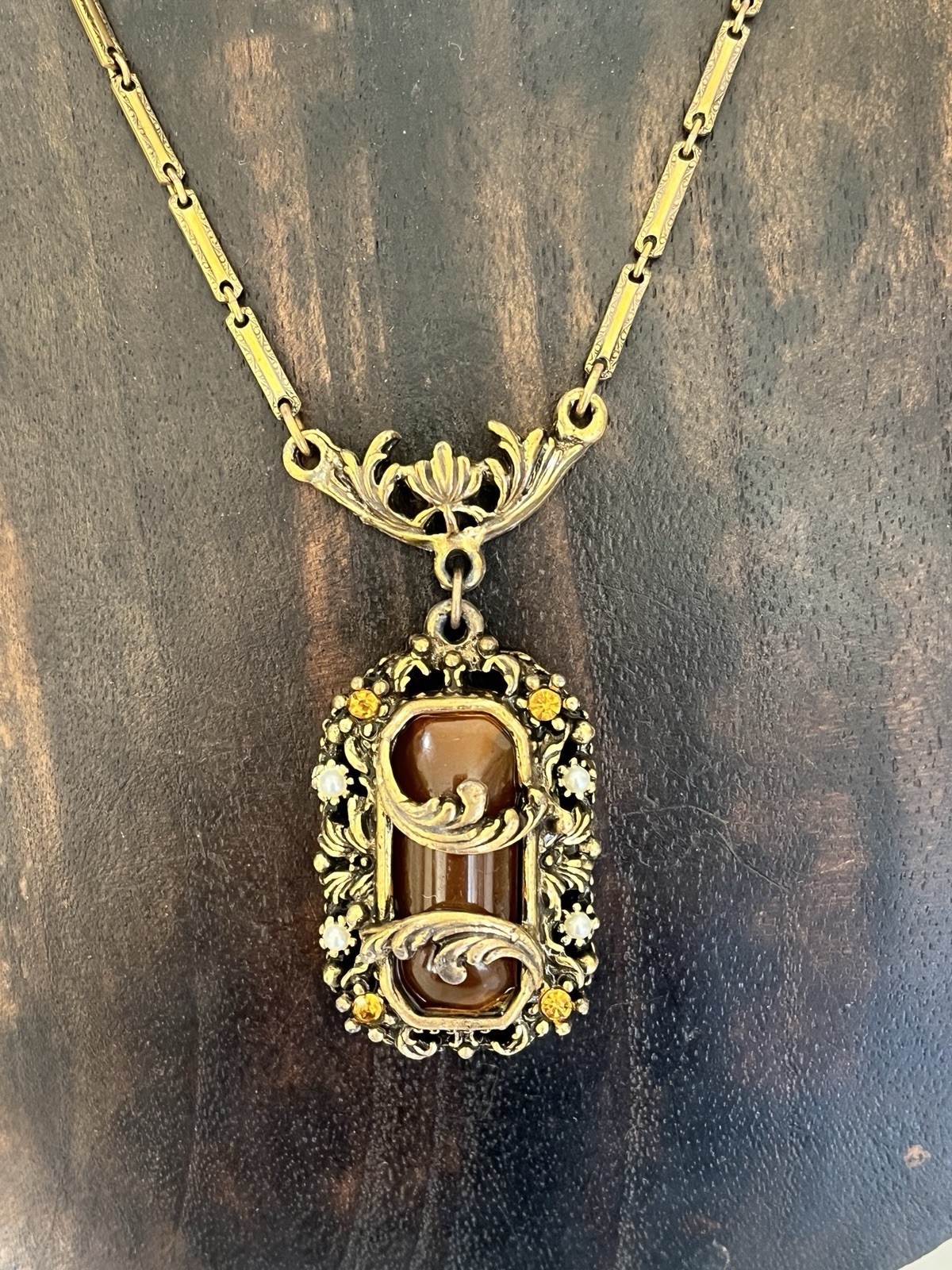 Vintage Amber Necklace with Filigree Detail Victorian Art Nouveau Czech Style