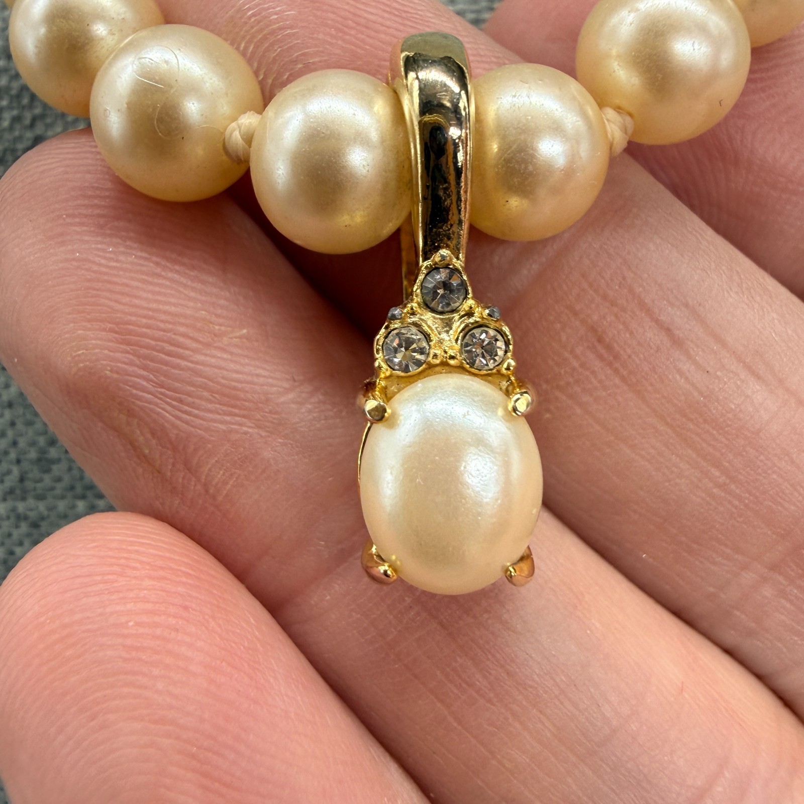 Vintage Pearl Necklace Cream Approximately 6 mm 22 Inches Rhinestone Pendant