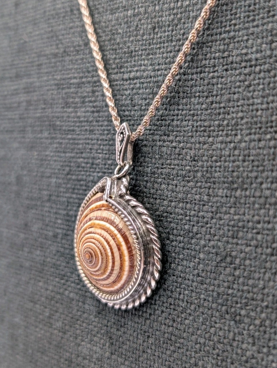 Vtg 925 Sterling Silver Sundial Seashell Pendant Necklace 18″ Italian Rope Chain