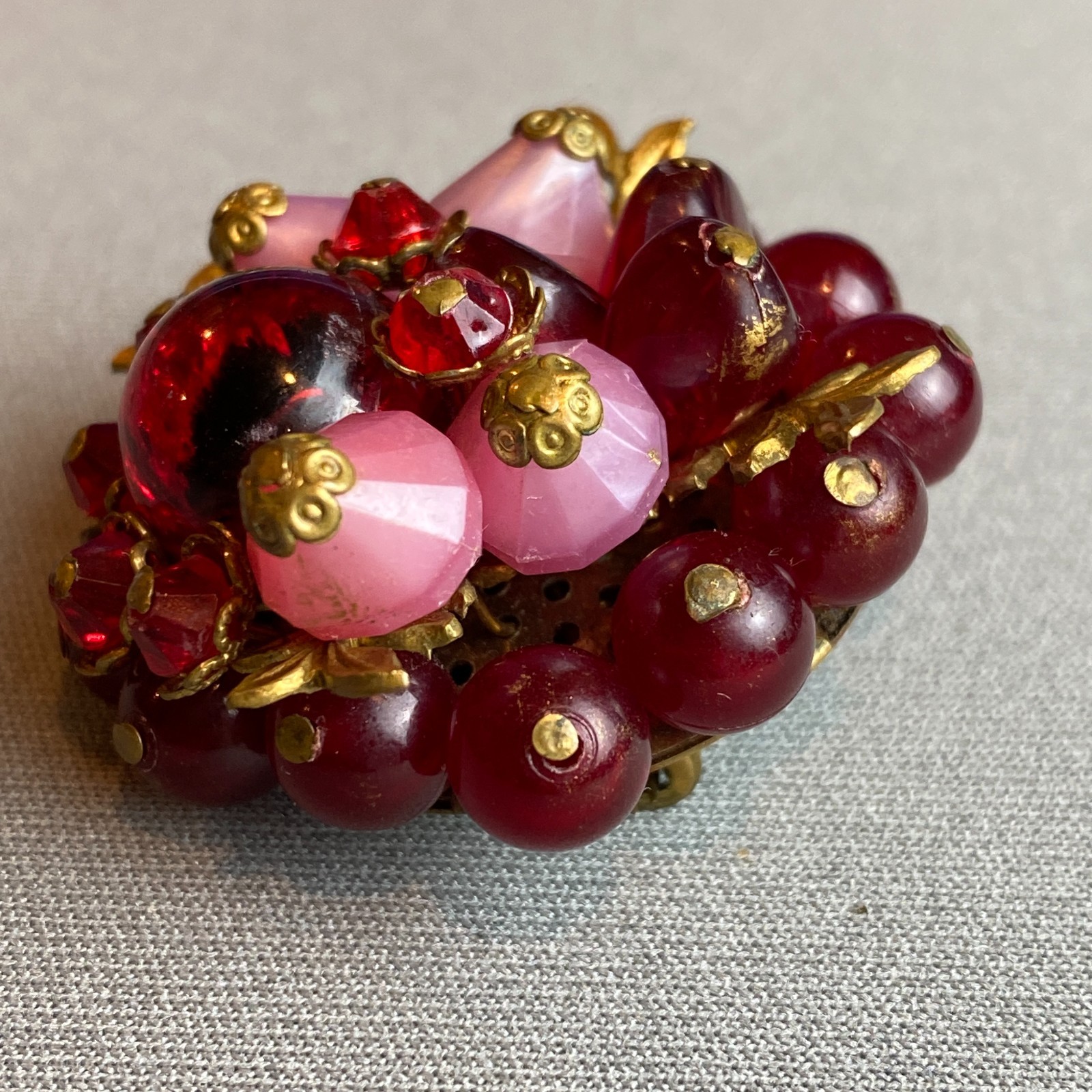 Vintage West Germany Wired Beaded Brooch Frosted Pink & Red Plastic & Gilt Brass