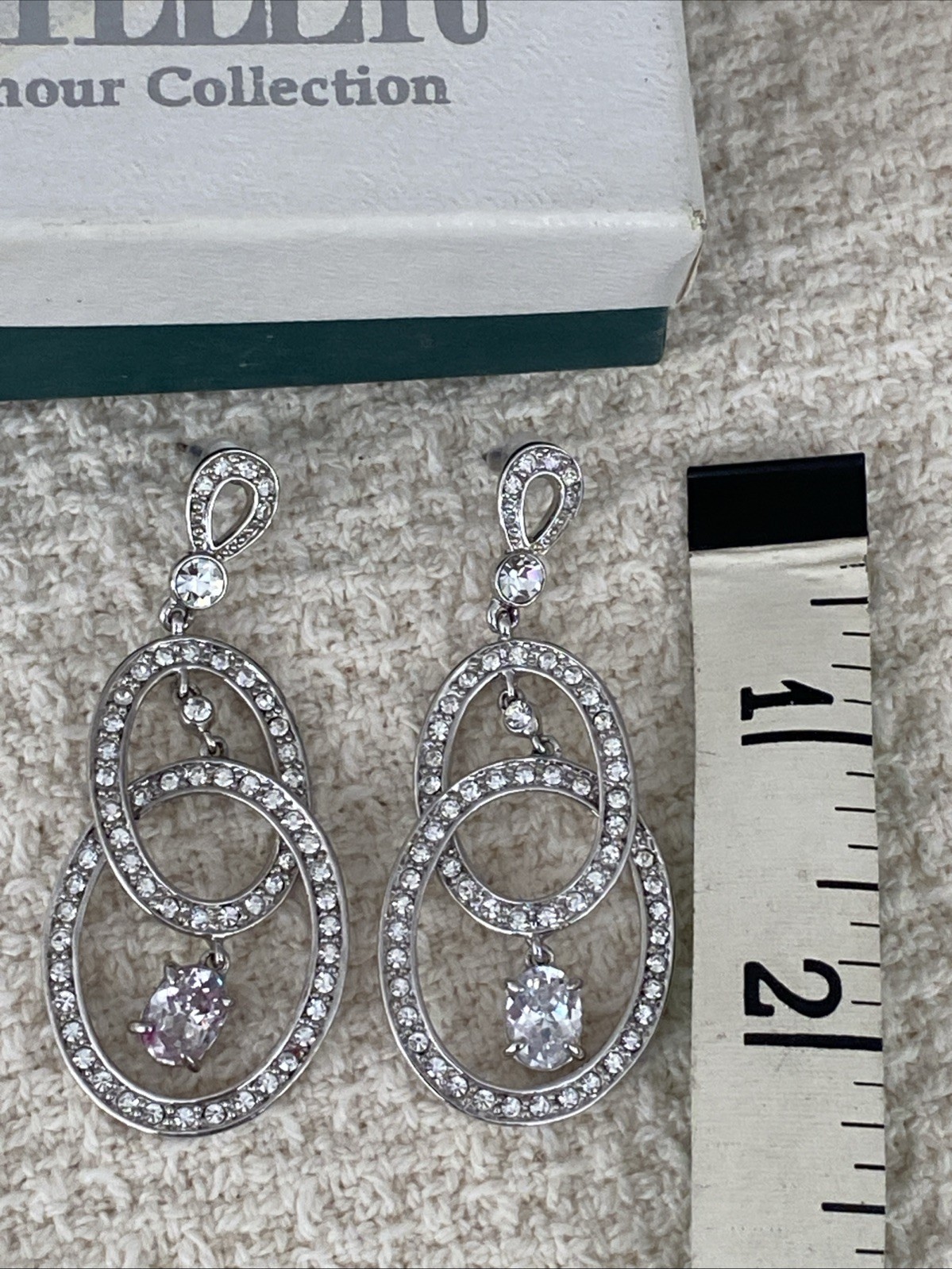 Vintage Nolan Miller Glamour Rhinestone Dangle Pierced Earrings 2 1/4”