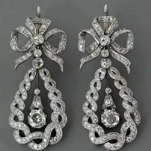 Vintage Art Deco Style Lab Created Diamond Engagement 14K White Gold FN Earrings