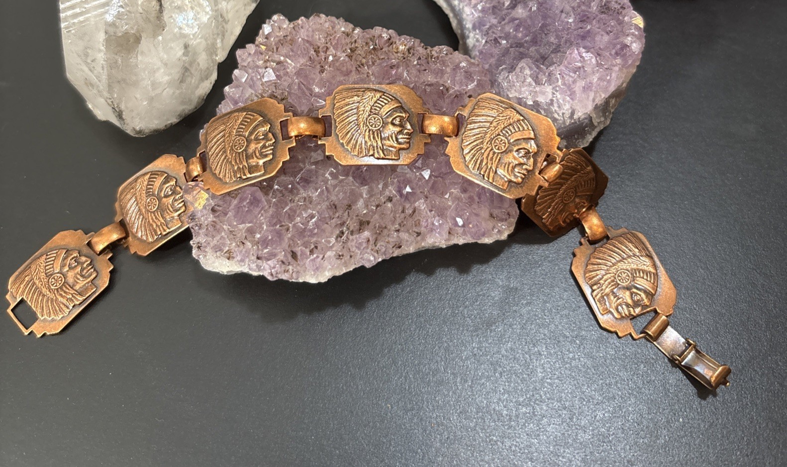 Copper Linked Bracelet Vintage Native American Rectangle Indian Chief Panels 7″