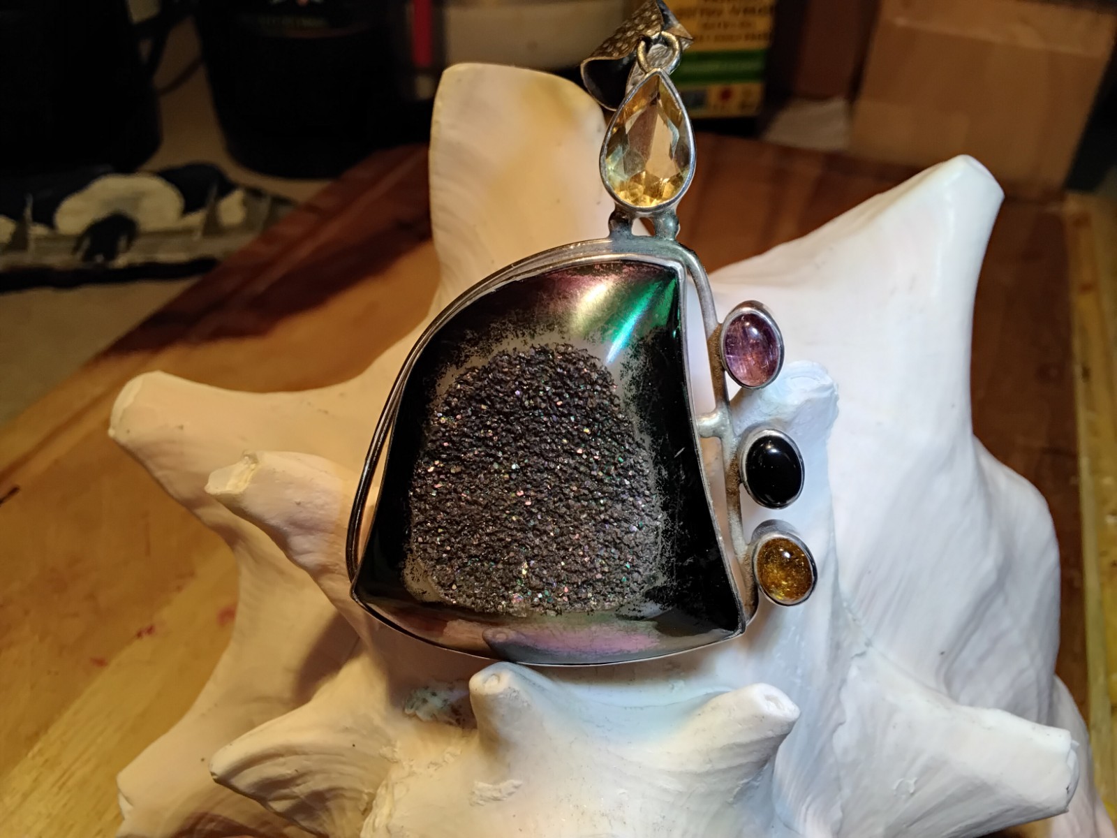 Vintage Sterling Green Drusy Peridot Pendant