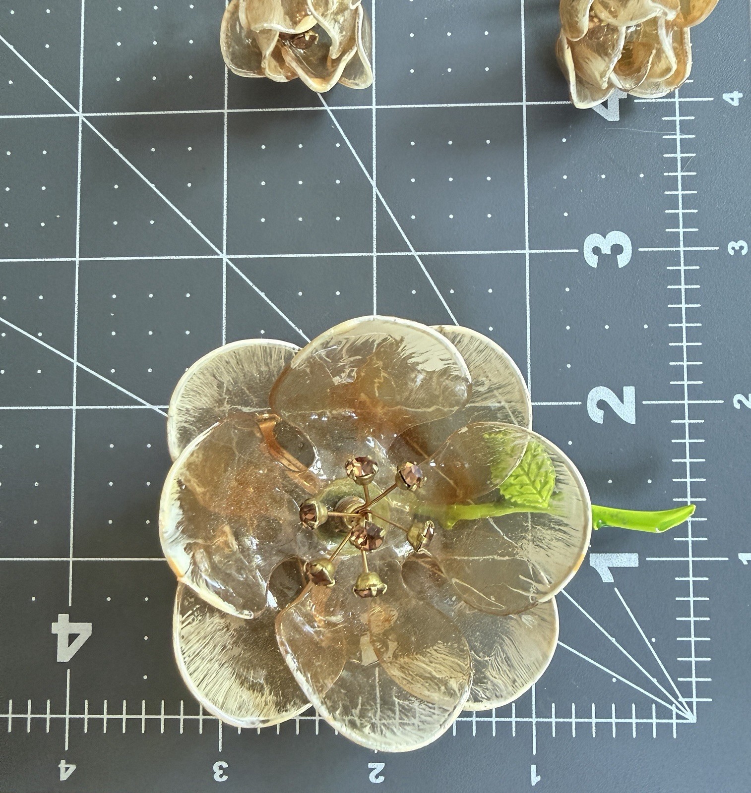 Cellulose Acetate Rhinestone Flower Brooch Earring Set Amber Demi Parure 50s Lot
