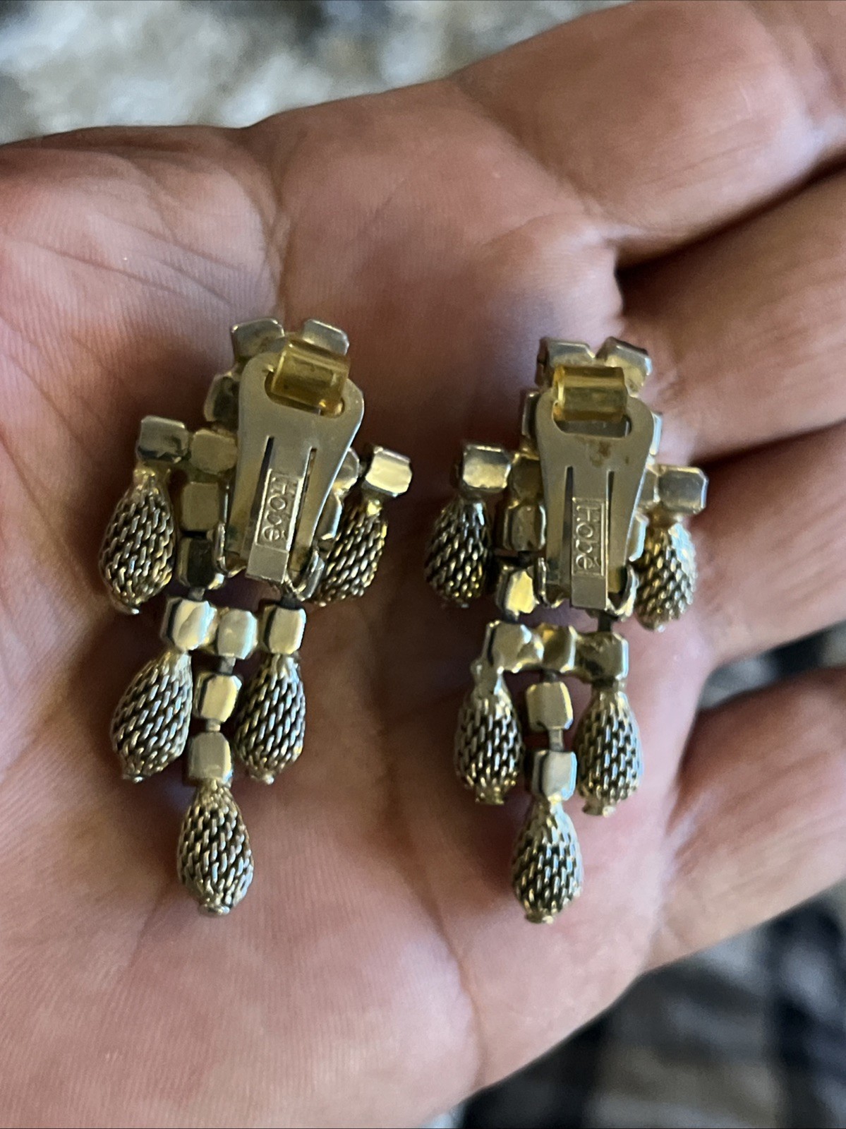 Vintage Signed HOBE Gold & Silver Plate Dangle Black Colored Rhinestone Earrings