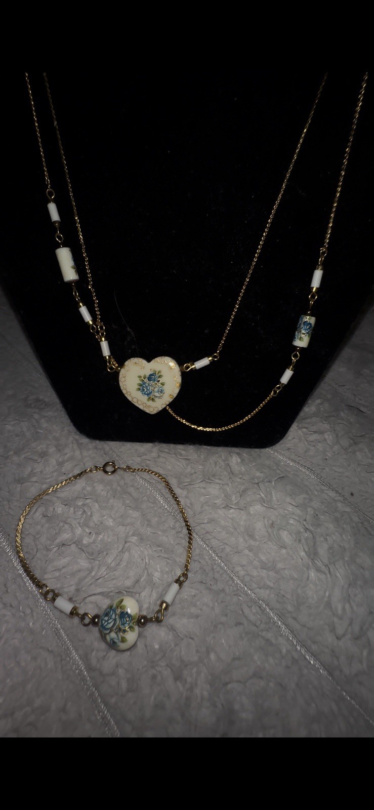 Vintage Japanese Tensha Blue Rose Porcelain Heart Necklace With Match Bracelet