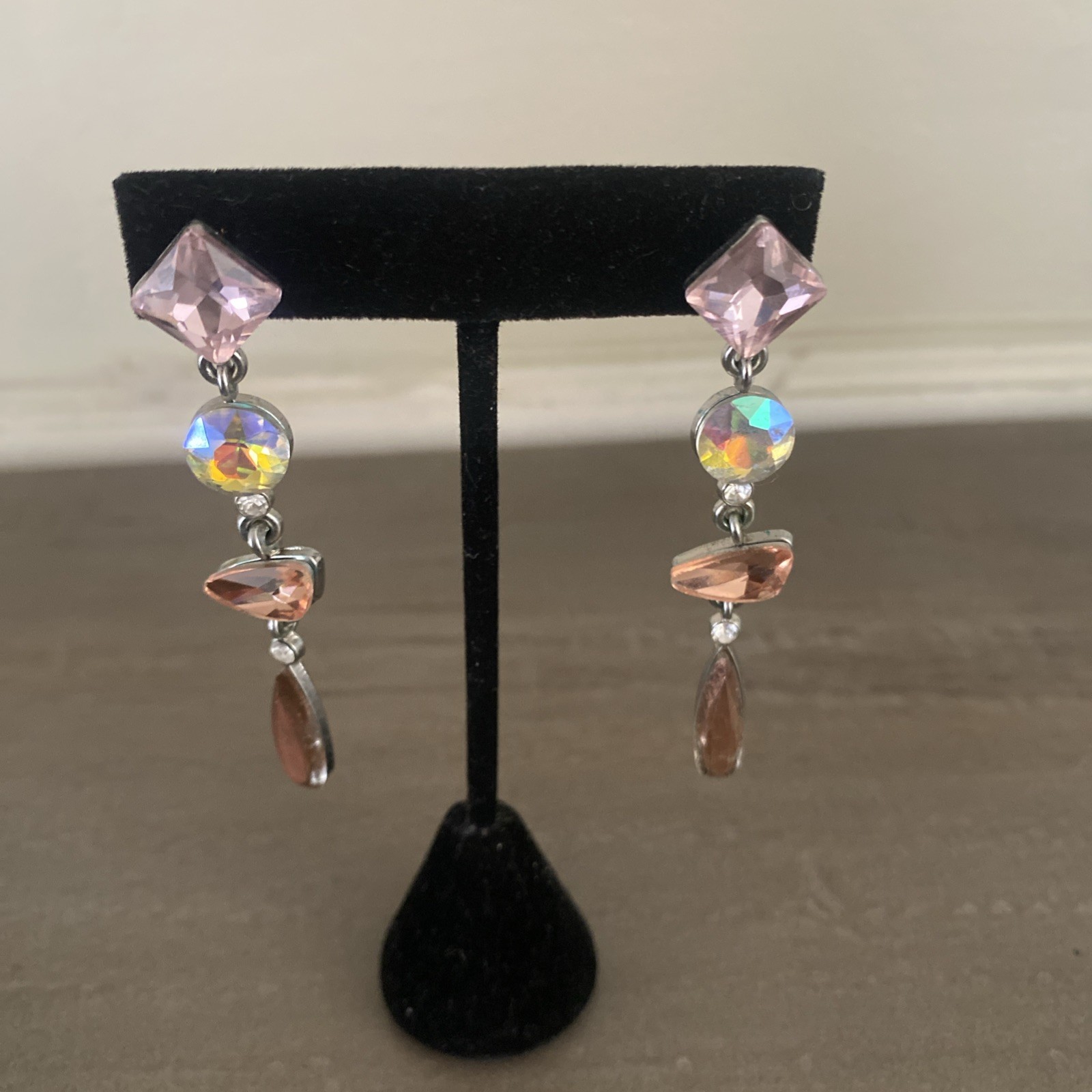 Earrings Dangle Drop Iridescent Rhinestone Silver Tone Statement Boho Chic Y2K