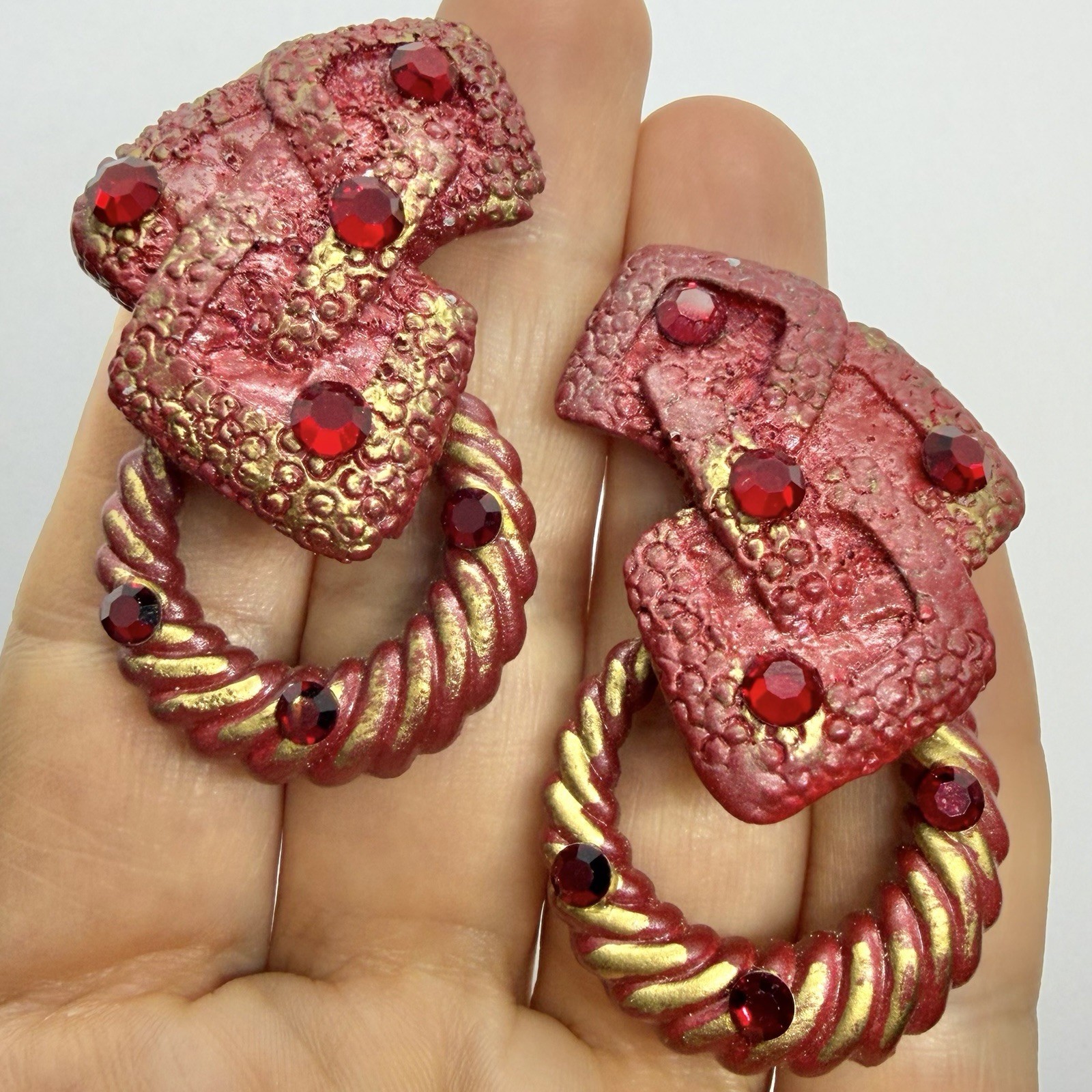 Vtg 80’s Designer Signed Red Gold Lucite Rhinestone Door Knocker Earrings Clip