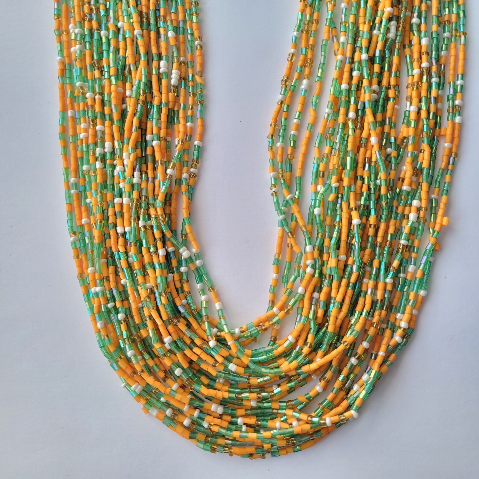 Vtg Orange Green Multistrand Boho Seed Bead Necklace & Earrings Set