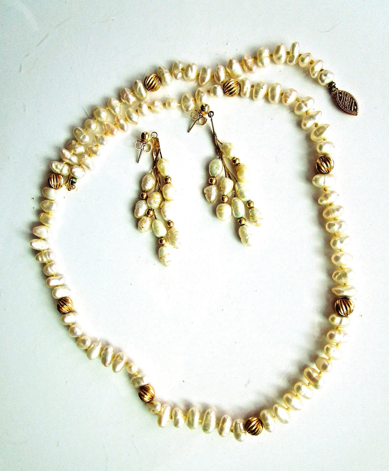 Vintage 3 pcs Baroque Seed Pearl Gold Bead 20 in Necklace & 2 in Long Earrings