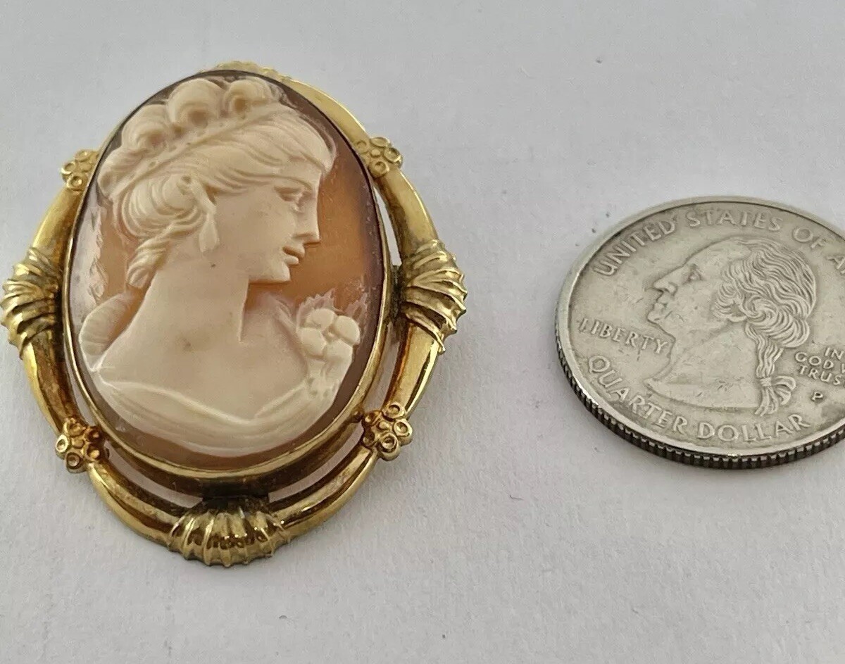 Vintage Gold Filled Carved Shell Lady CAMEO Left Facing Ornate Frame Brooch