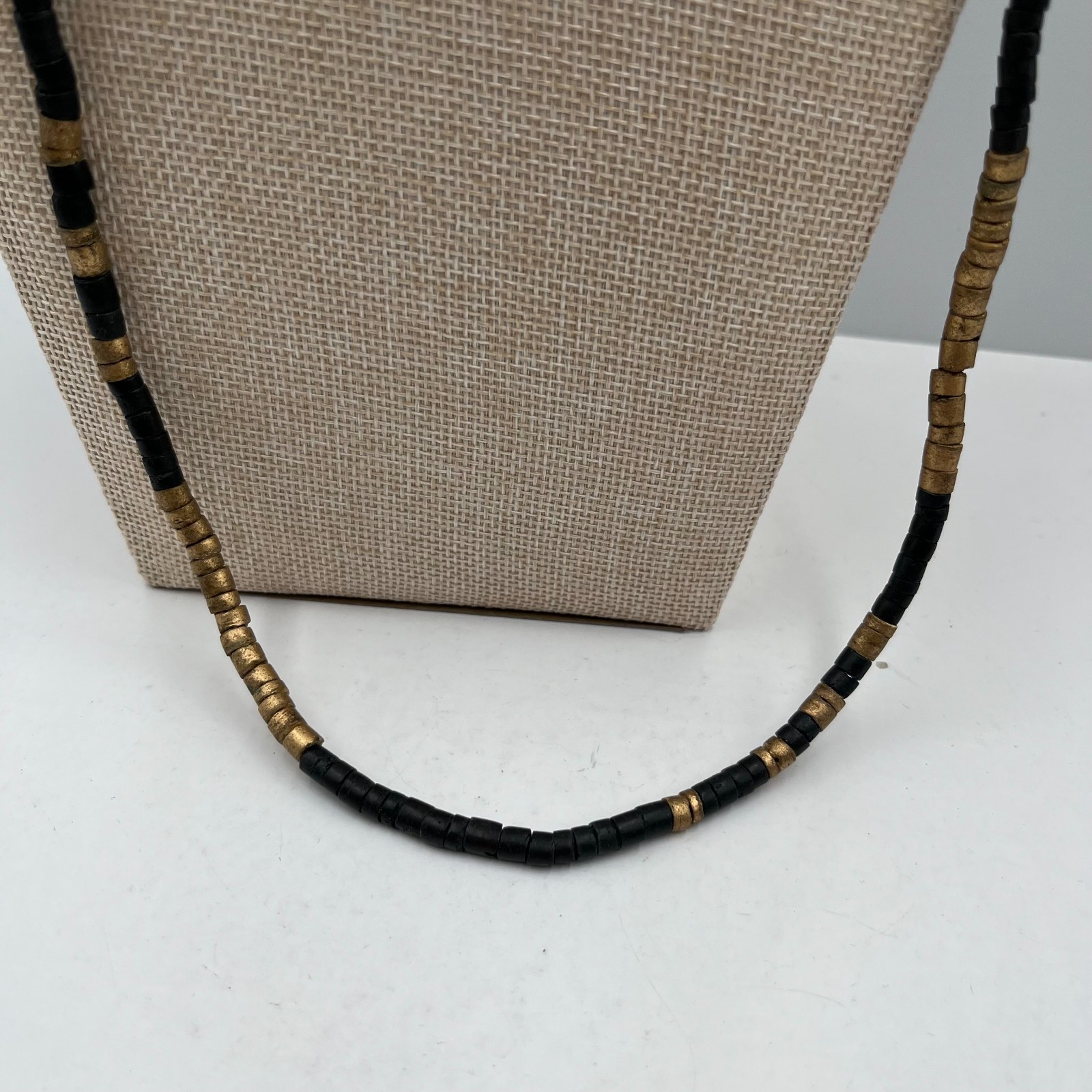Vintage African Style Brass Black Glass Bead Necklace Ethnic Tribal Boho Jewelry