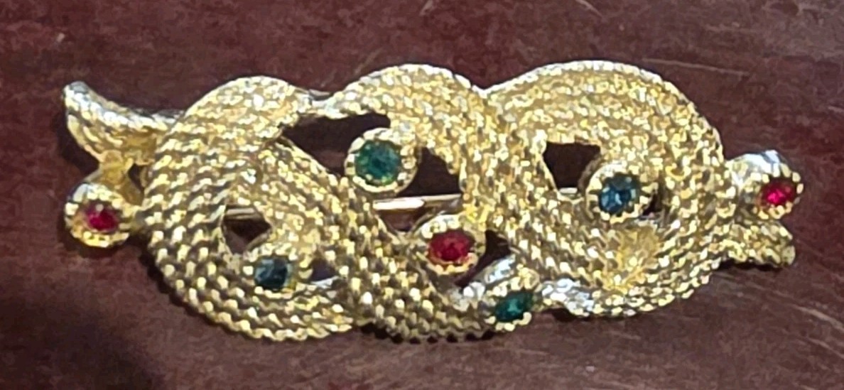 Vintage Gold Tone Snake Brooch & Clip Earrings Set Rhinestone Serpent Knot
