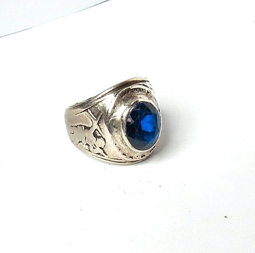 VTG STERLING SILVER MENS MILITARY BLUE SAPPHIRE RING SIZE 10.25 & 21MM 11gr