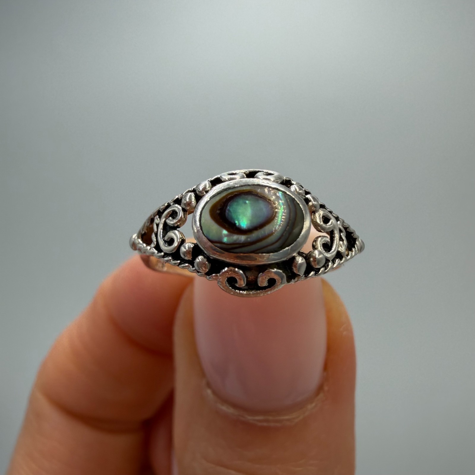 Vintage 925 Sterling Silver Abalone Shell Ring Filigree Boho Women Size 5.5