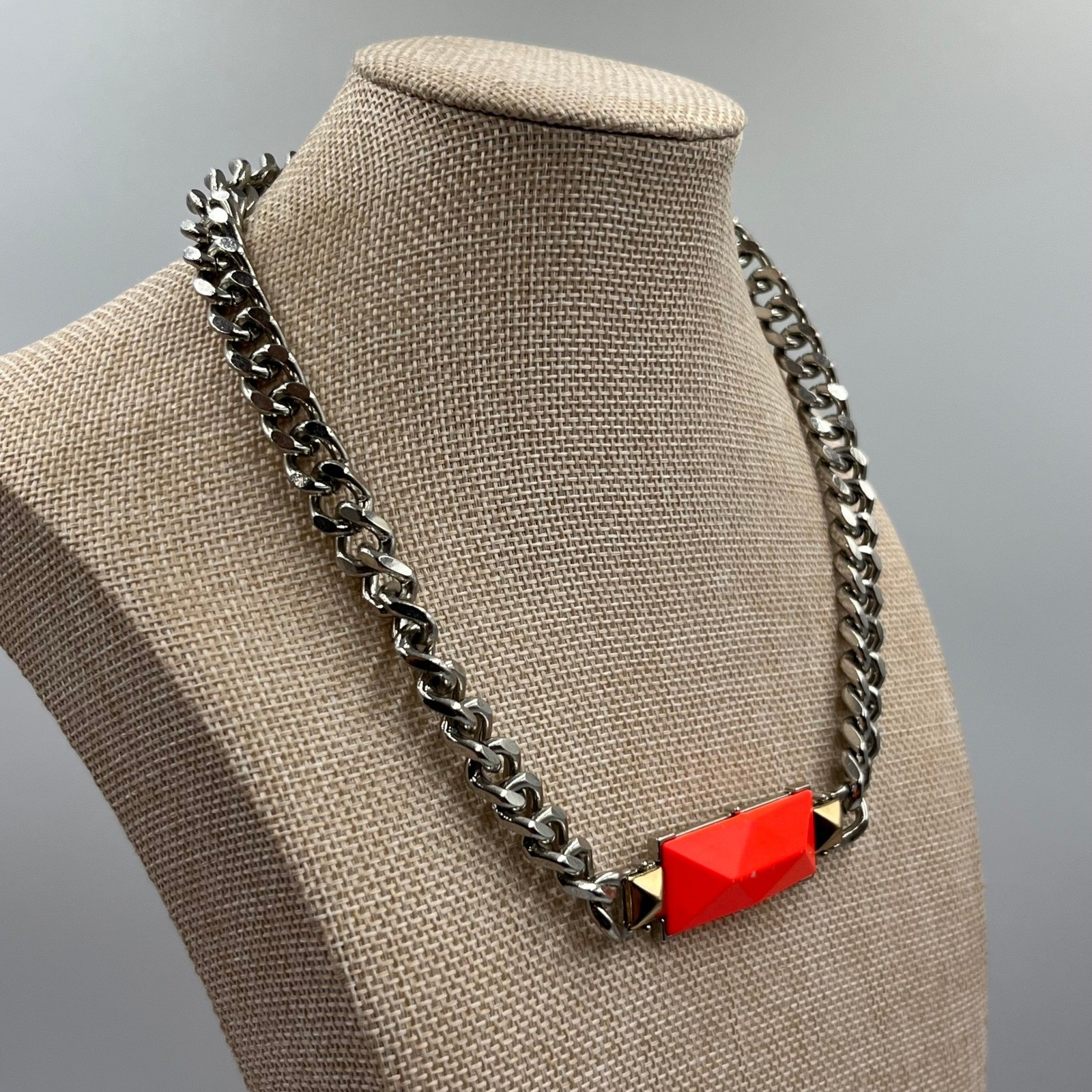 VTG Statement Chunky Silver Tone Curb Chain Necklace Faceted Rectangle Pendant