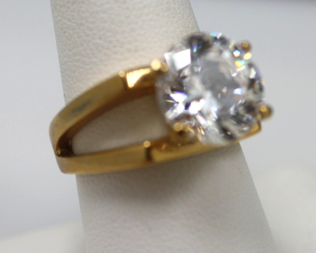 18K yellow gold plated large 12mm round clear stone double style band ring sz 8