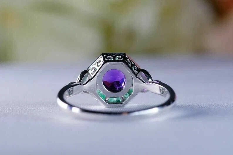 Art Deco Style Amethyst & Emerald Lab Created Diamond 925 Silver Engagement Ring