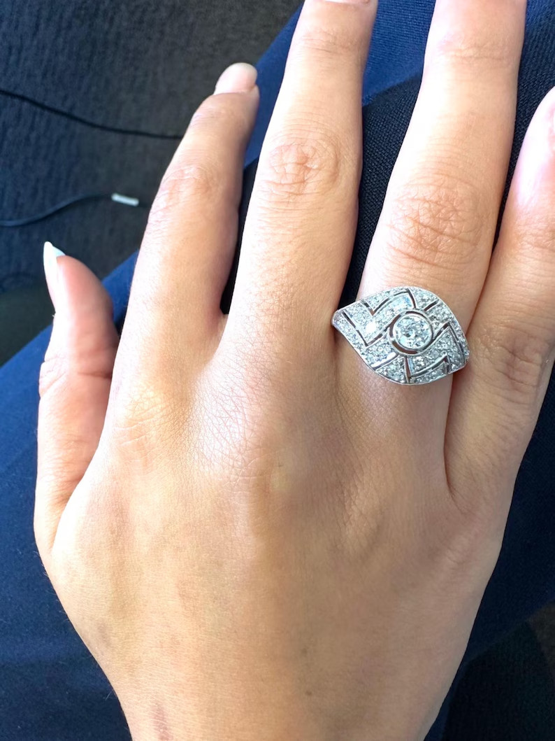 Art Deco Style Round Cut Lab Created Diamond 14K White Gold FN Engagement Ring