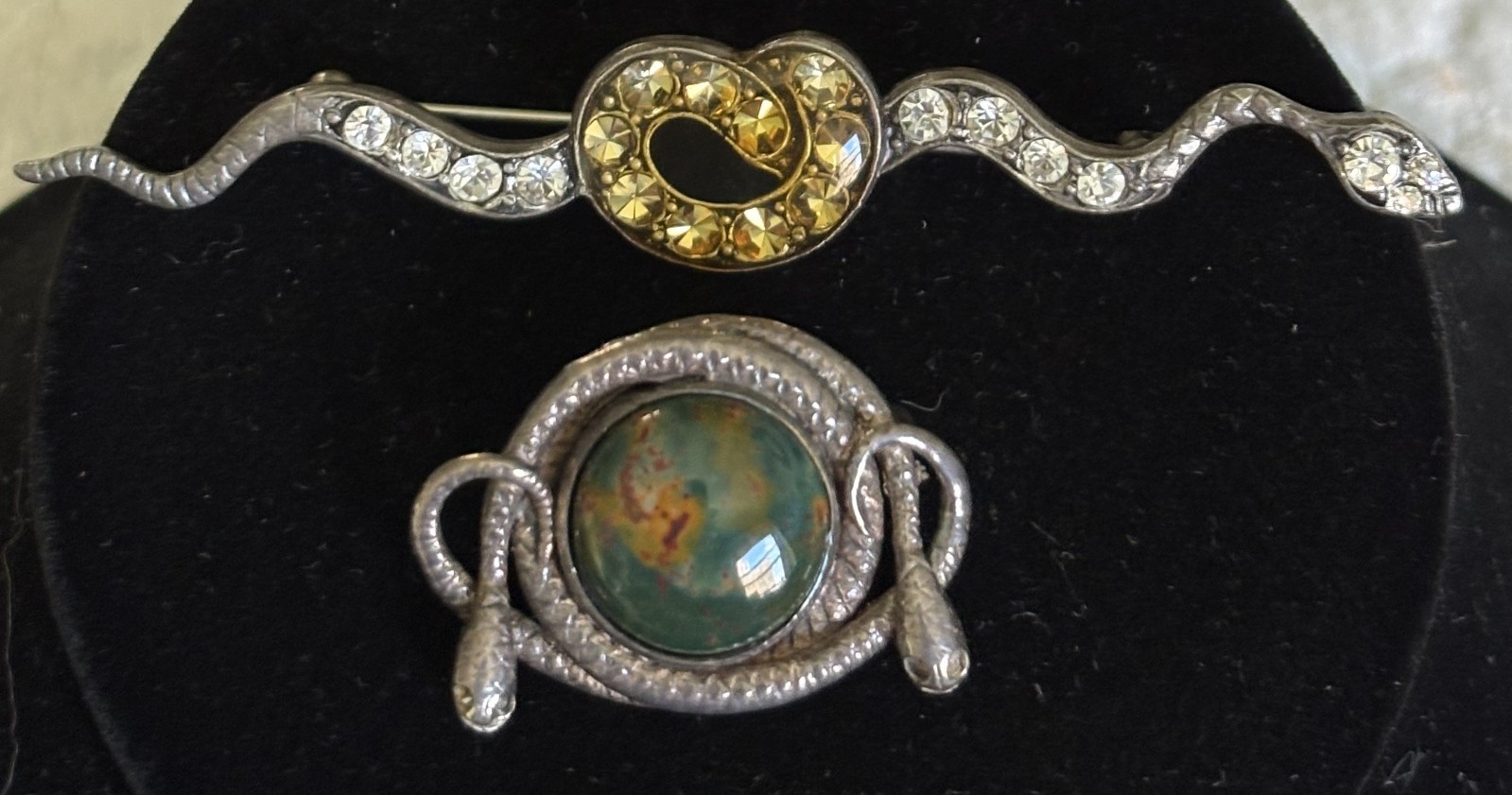 VINTAGE STERLING AND SILVER SNAKE BROOCHES (2) W/TURQUOISE AND ONE W/RHINESTONES