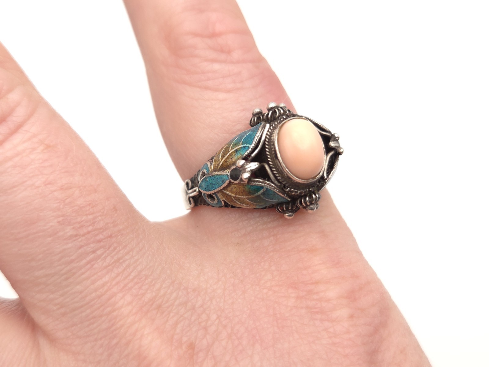 Vintage BJ Designer Sterling Silver Enamel Butterfly Pink Coral Ring Sz. 9
