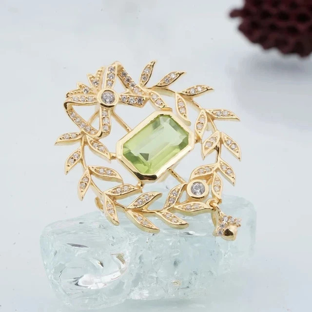 2.45Ct Emerald Cut Lab Created Green Peridot Brooch Pin 14K Yellow Gold Plated
