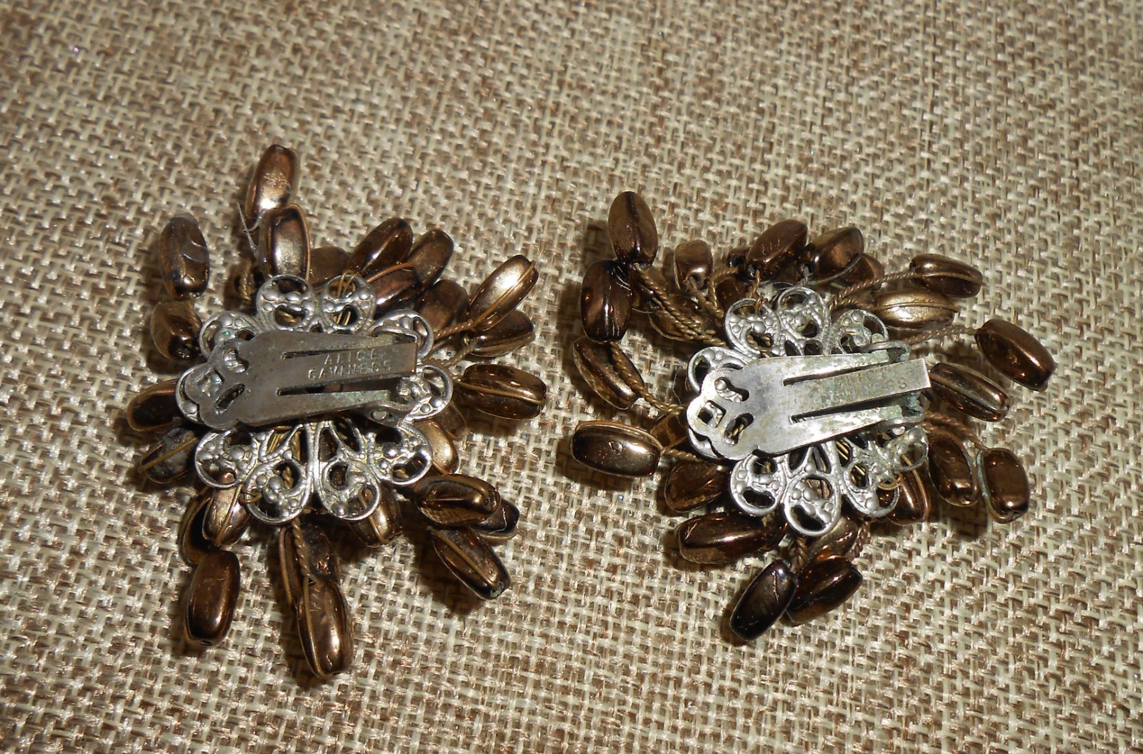 Vintage ALICE CAVINESS Signed Bronze Color Atomic Star Bead Earrings Clip-On E30