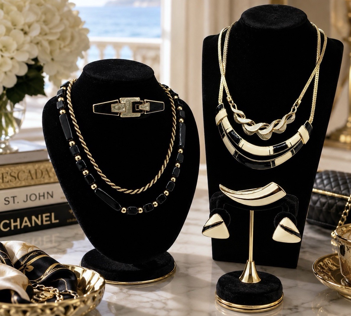 Signed Vintage Trifari Jewelry Collection 7 Pc Black Cream Enamel Designer Set