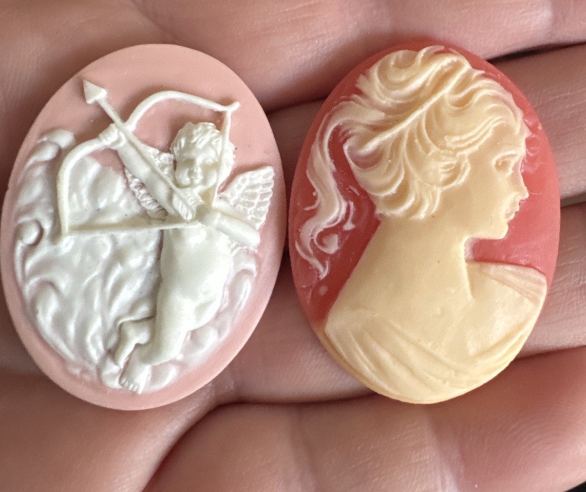2 Reproduction Resin Cameo Cabachons Cupid and Lady Jewelry Supply