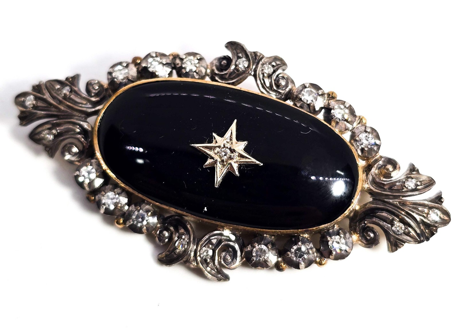 Momento Mori diamond and onyx antique vermeil sterling silver mourning brooch pi
