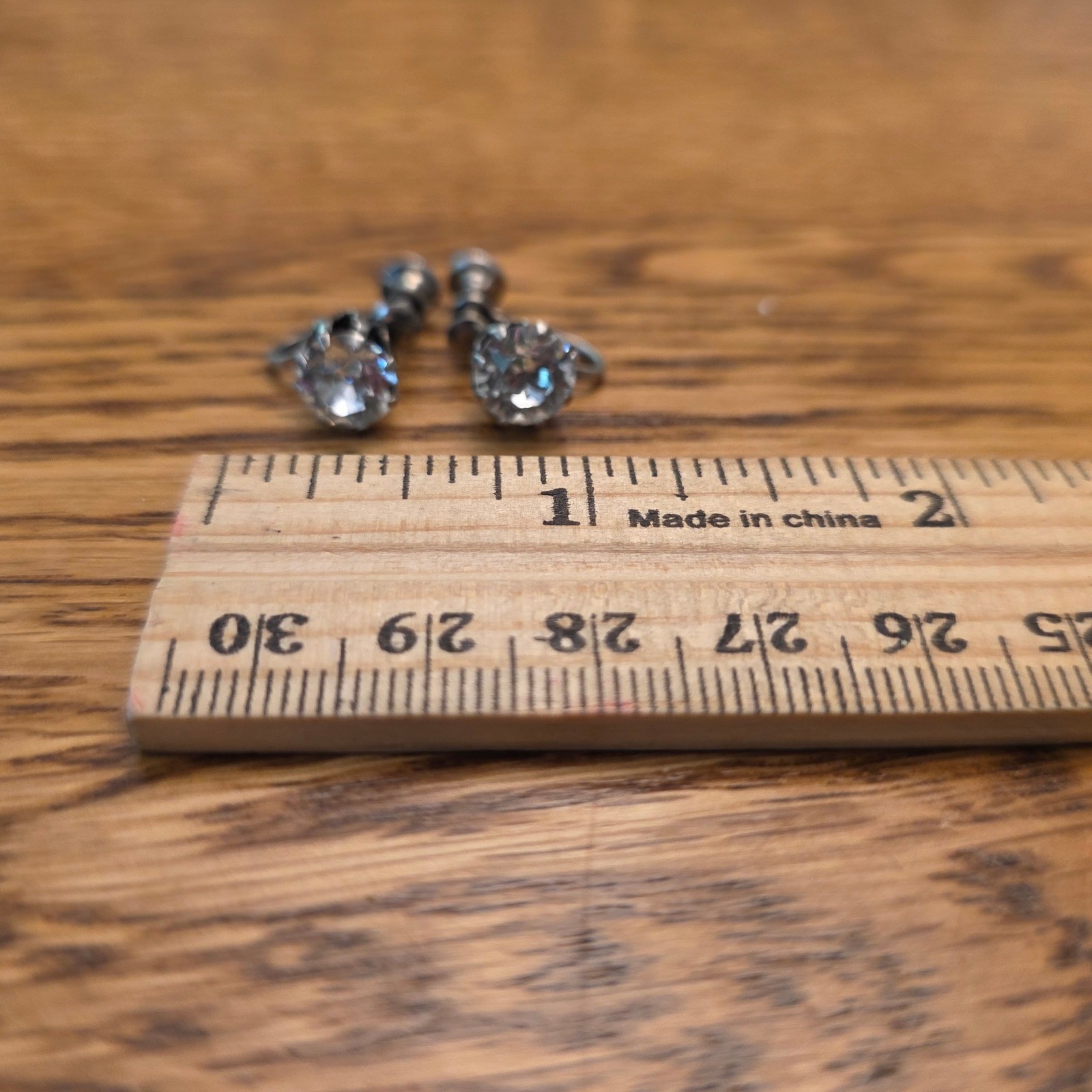 Vintage Silver Tone Clear Crystal Screw Back Earrings Round Solitaire 1950s Gift
