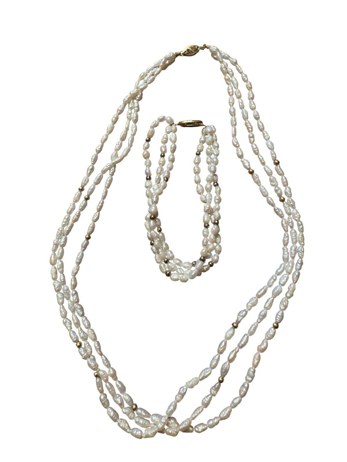 Vintage 3 Strand 14k Gold Freshwater Seed Pearl Gold Bead Necklace Bracelet Set