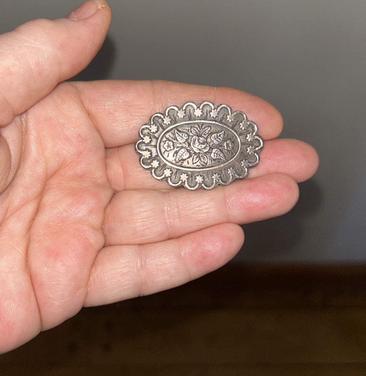 Antique Victorian Sterling Silver Oval Engraved Brooch Pin