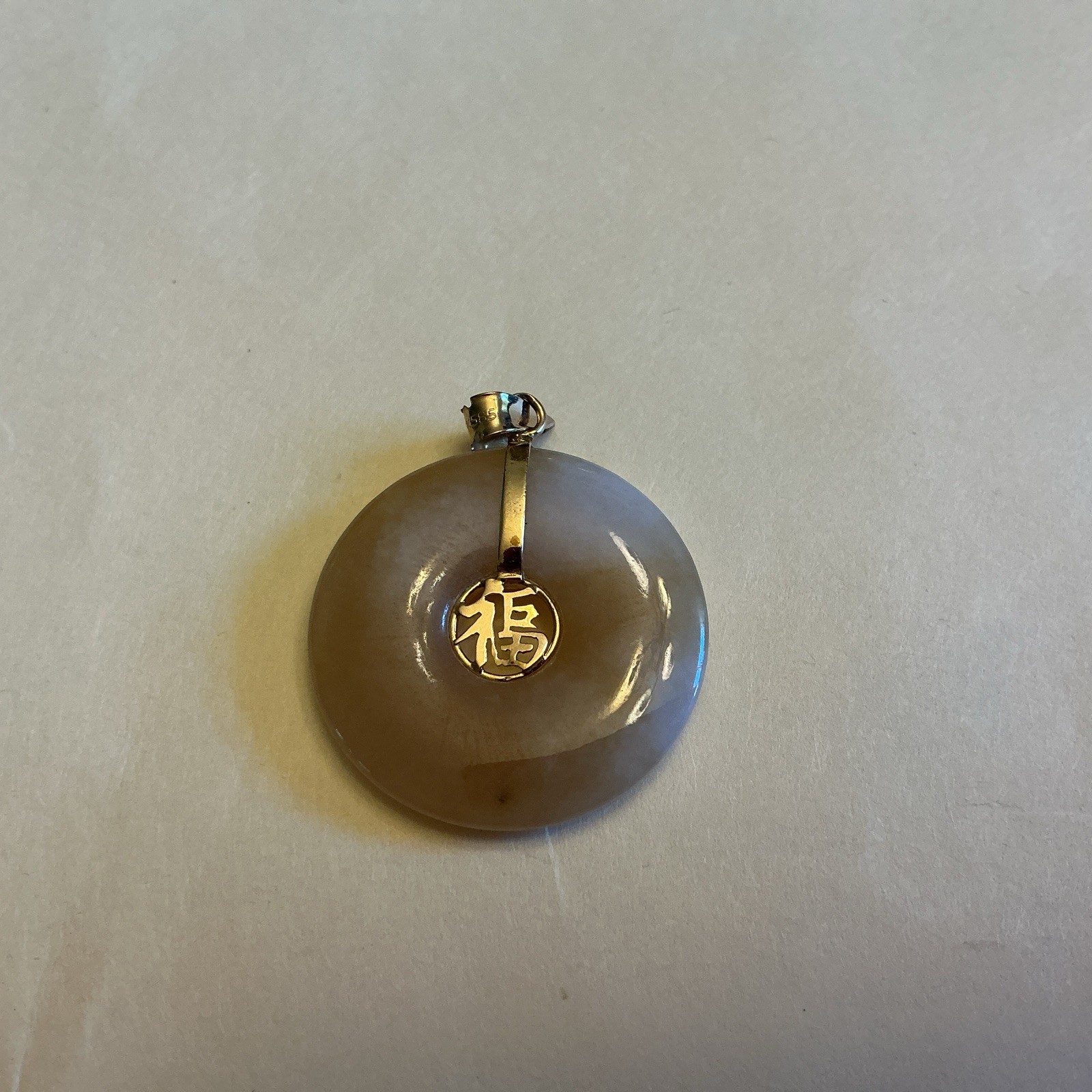 Vintage Chinese beige jade appearance disk shape of Full Moon 14K 23mm diameter