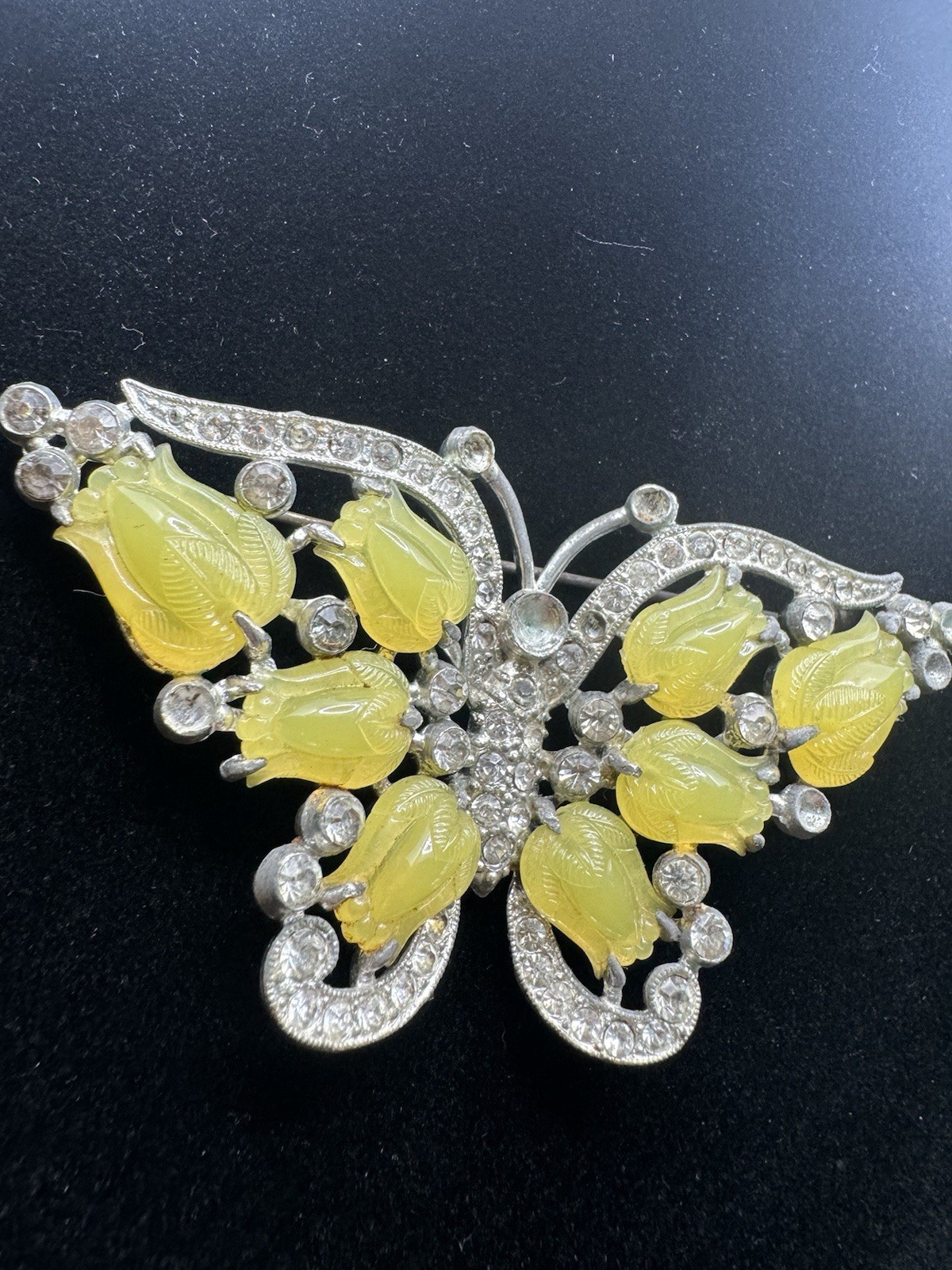 RAREST VTG Vintage Costume Yellow Glass Fruit Salad CURVED BUTTERFLY BROOCH AS I