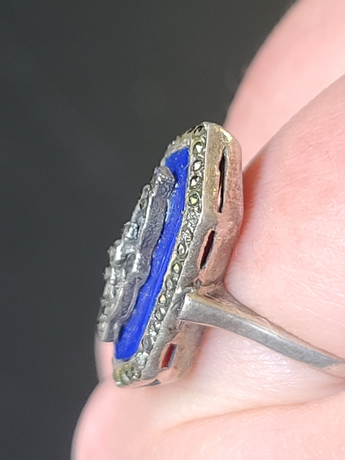 Fancy Antique VTG Art Deco Sterling Silver Lapis Lazuli Marcasite Ring Size 8