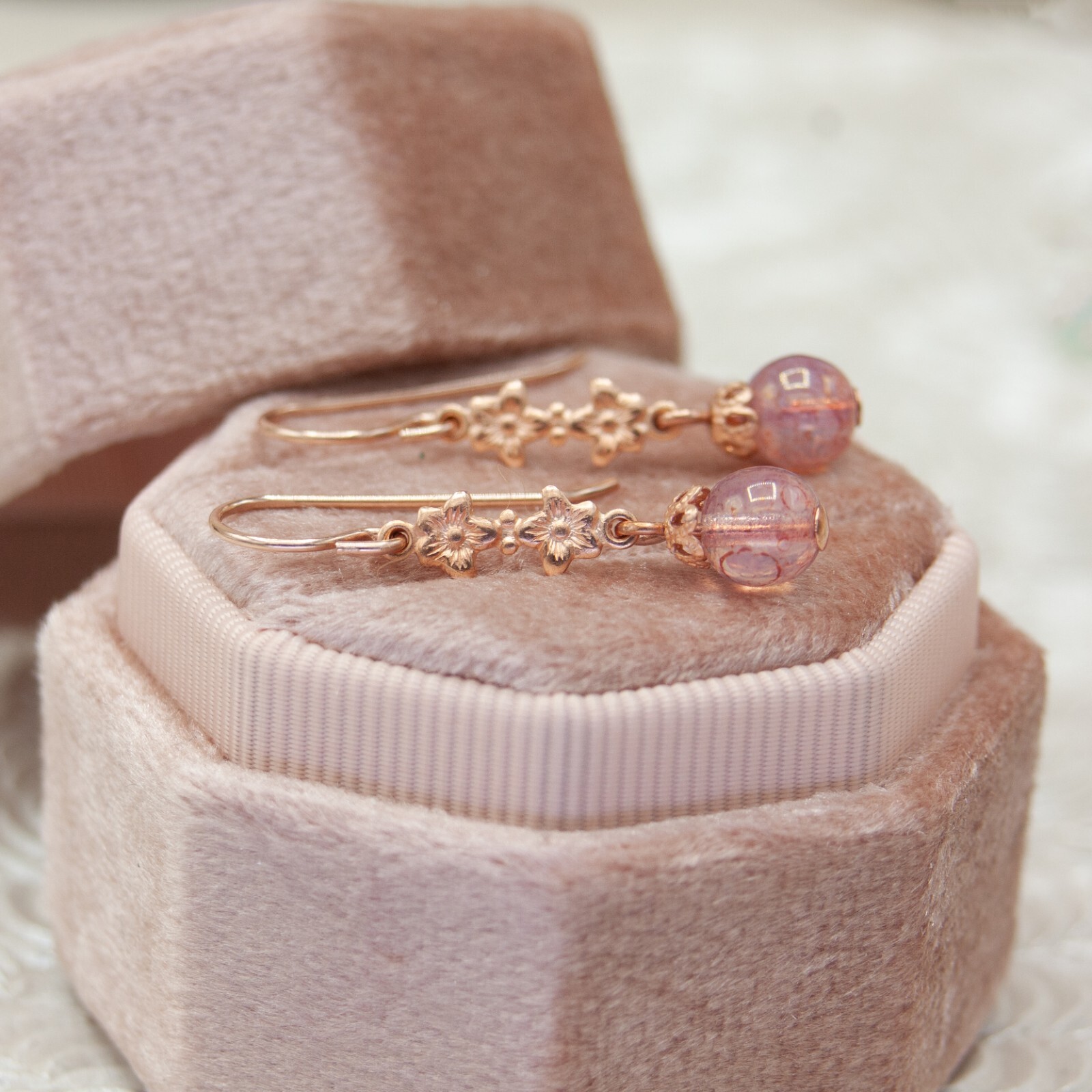 Vintage Style Rose Gold Floral Pink Czech Glass Earrings, Gift for Her, Daughter