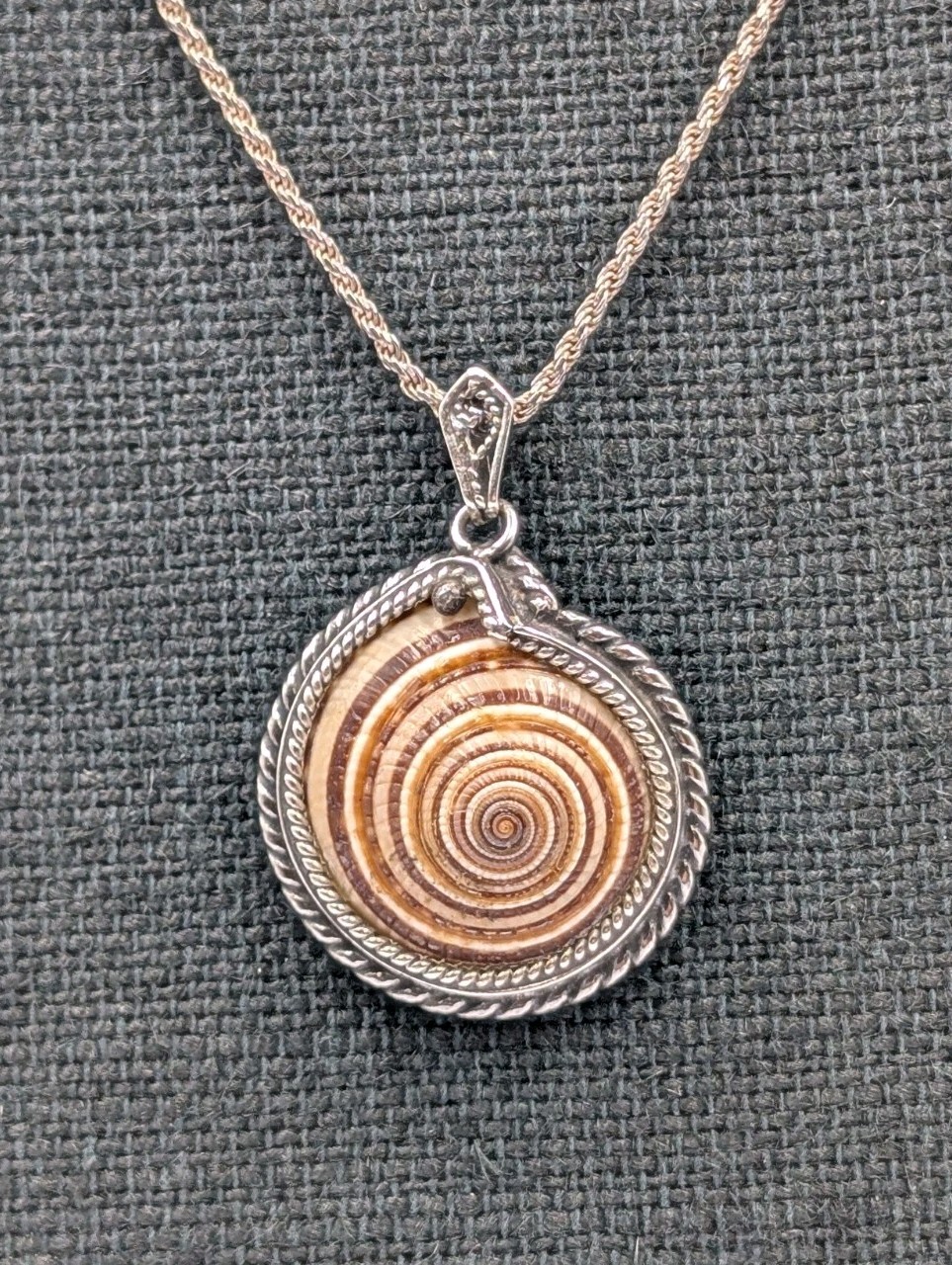 Vtg 925 Sterling Silver Sundial Seashell Pendant Necklace 18″ Italian Rope Chain