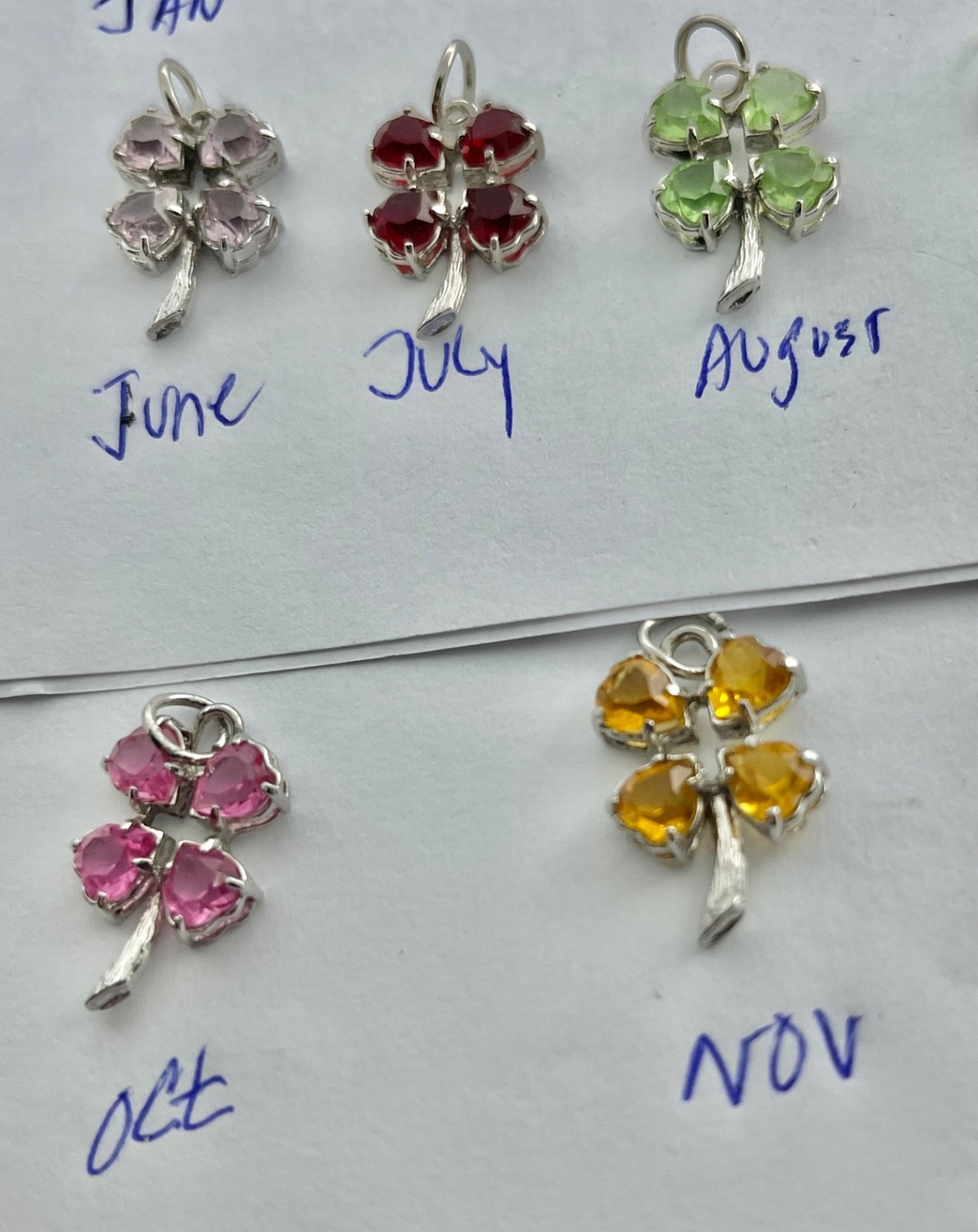 Vintage Mid Century Sterling Silver Rhinestone Birthday Clover Charms Pendants