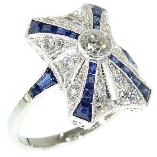 Art Deco 2Ct Sapphire & Lab Created Diamond Birthday 14K White Gold Filled Ring